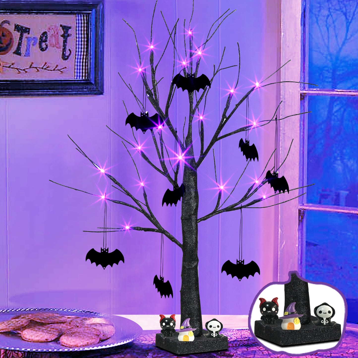 EAMBRITE Halloween Tree, 2FT Black Spooky Tree with 24 LED Purple Lights and 8 Bats