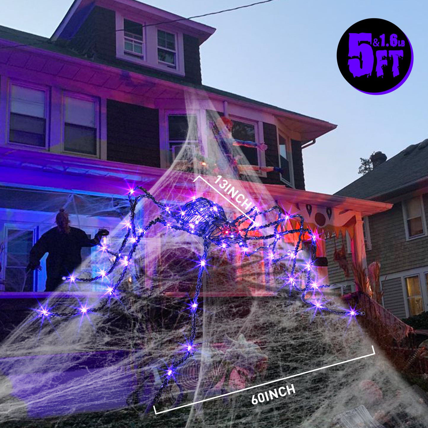 EAMBRITE 5FT Halloween Giant Spider, Light Up Spider Outdoor with 84 LED Purple Lights