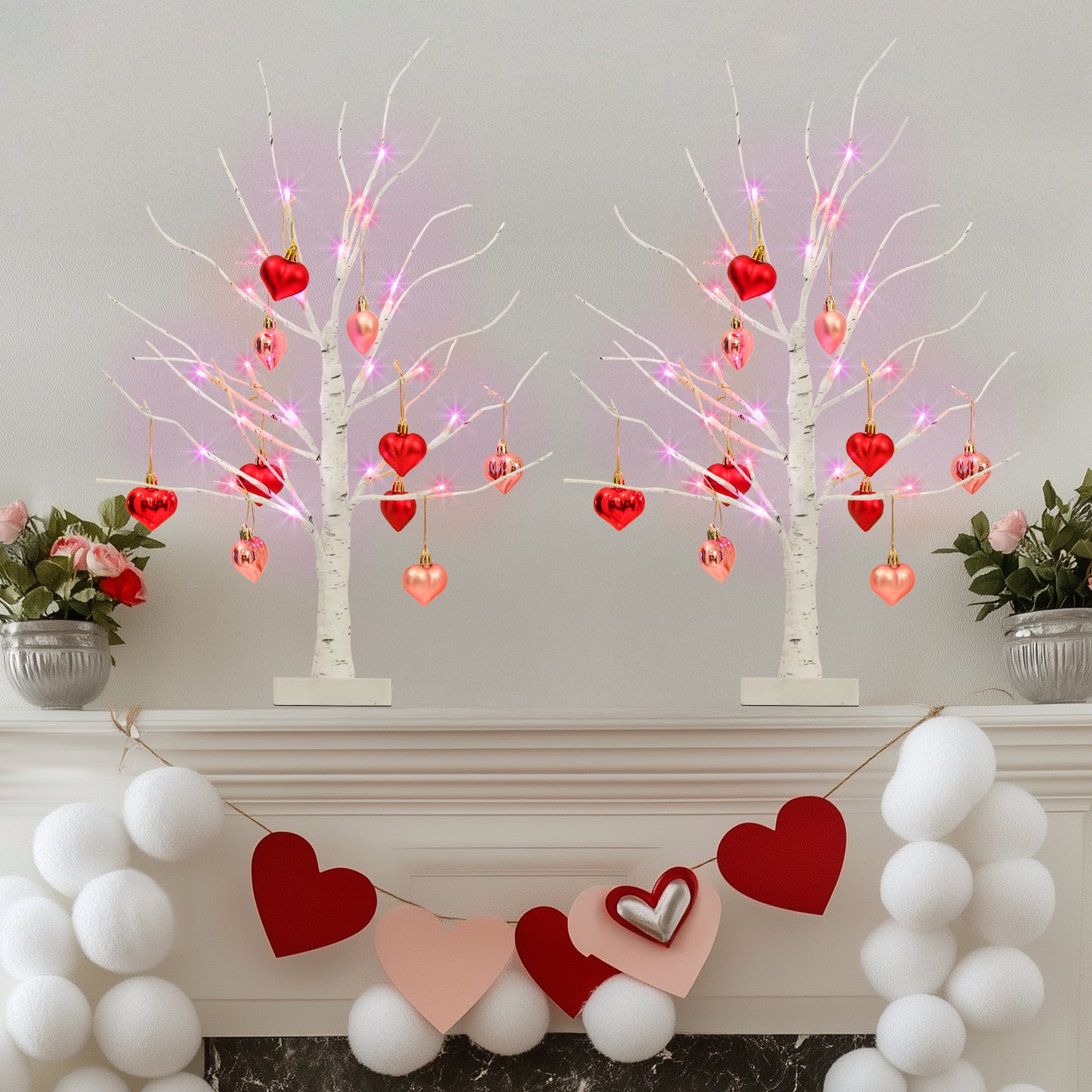 2er Set Birkenbäume mit herzförmigen Ornamenten, beleuchteter künstlicher Baum mit 24 Pink & Rot LEDs