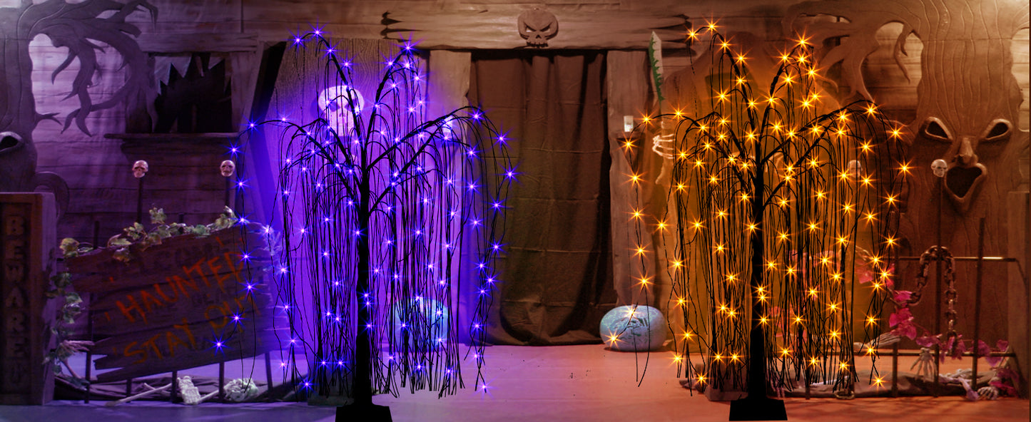 EAMBRITE Halloween Tree 4 FT 180 LED Black Willow Tree with Orange Purple Fairy Lights and Spider Web