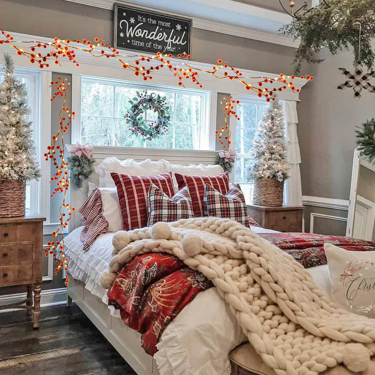 EAMBRITE Lighted Red Berry Garland, 6 FT 88 LED Christmas Garland with Warm White Lighs