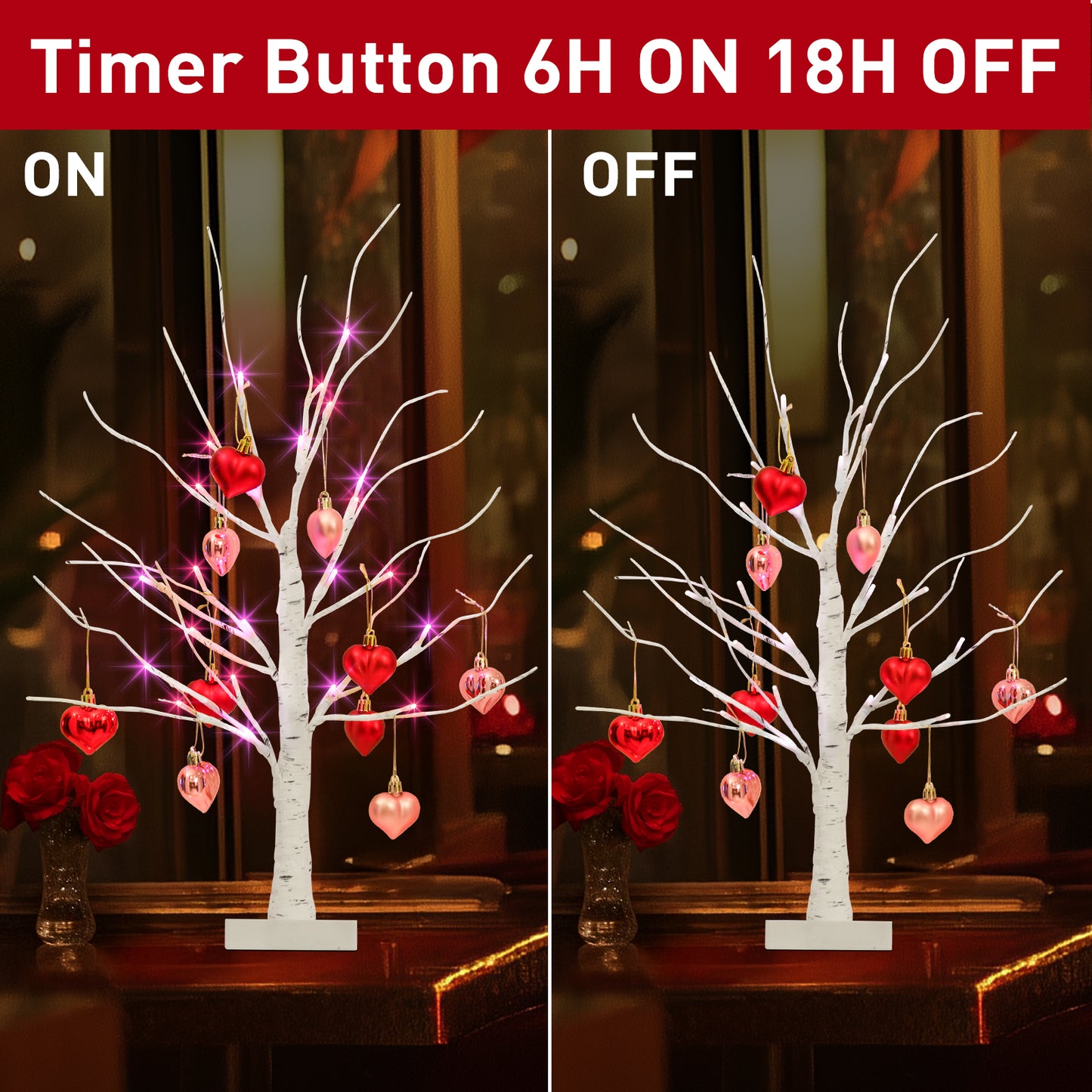 2er Set Birkenbäume mit herzförmigen Ornamenten, beleuchteter künstlicher Baum mit 24 Pink & Rot LEDs