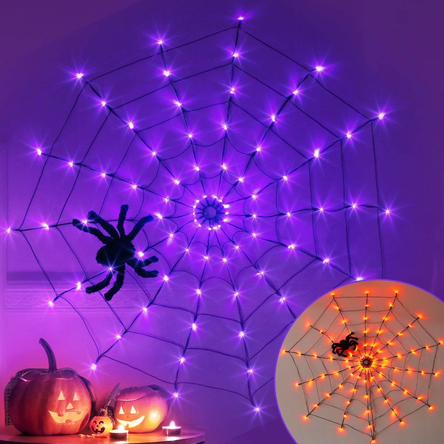 EAMBRITE Halloween Spider Web Lights with 84LED Orange/Purple Lights