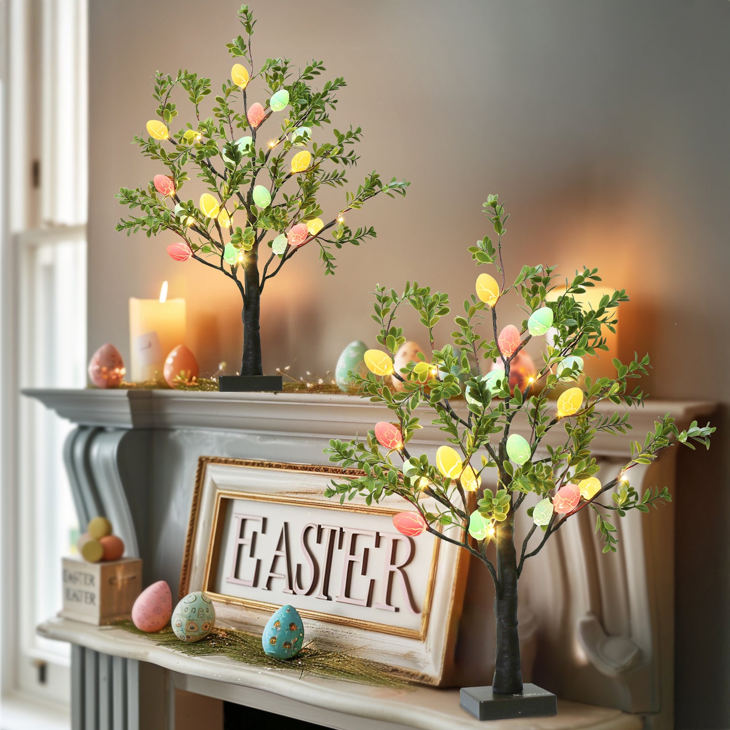 EAMBRITE Easter Decorations Easter Tree with Eggs, 2Ft Tabletop Tree with 24 LED Lights