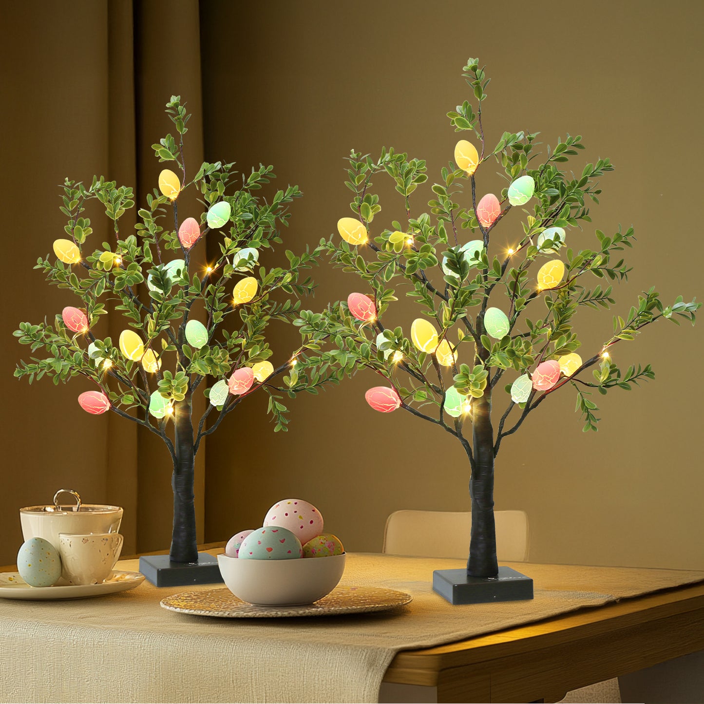 EAMBRITE Easter Decorations Easter Tree with Eggs, 2Ft Tabletop Tree with 24 LED Lights