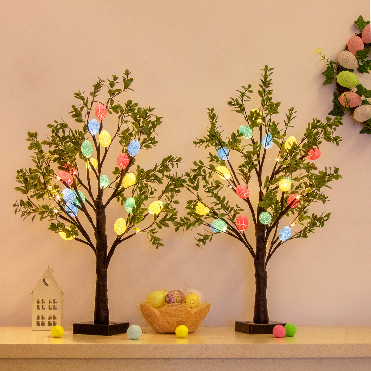EAMBRITE Easter Decorations Easter Tree with Eggs, 2Ft Tabletop Tree with 24 LED Lights