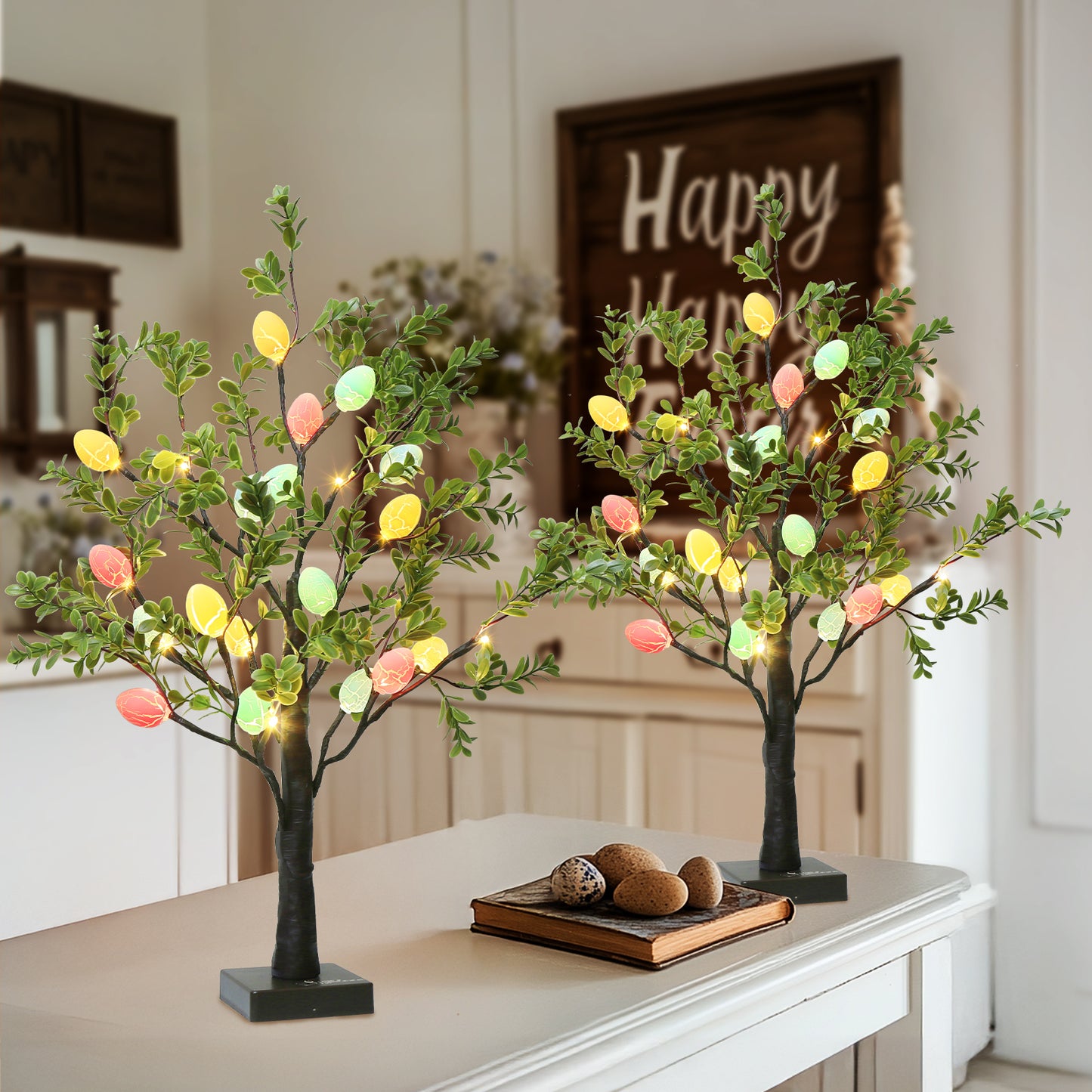 EAMBRITE Easter Decorations Easter Tree with Eggs, 2Ft Tabletop Tree with 24 LED Lights