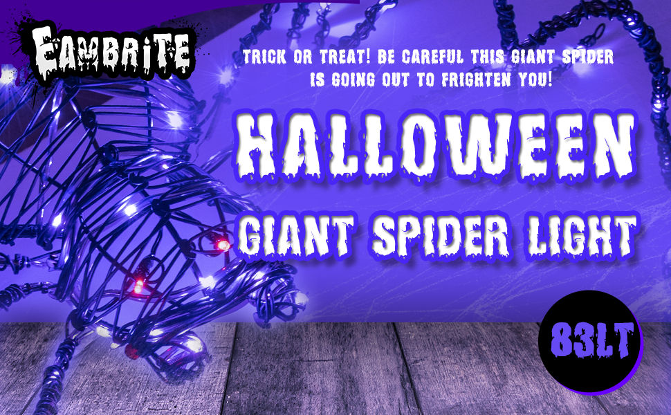 EAMBRITE 5FT Halloween Giant Spider, Light Up Spider Outdoor with 84 LED Purple Lights