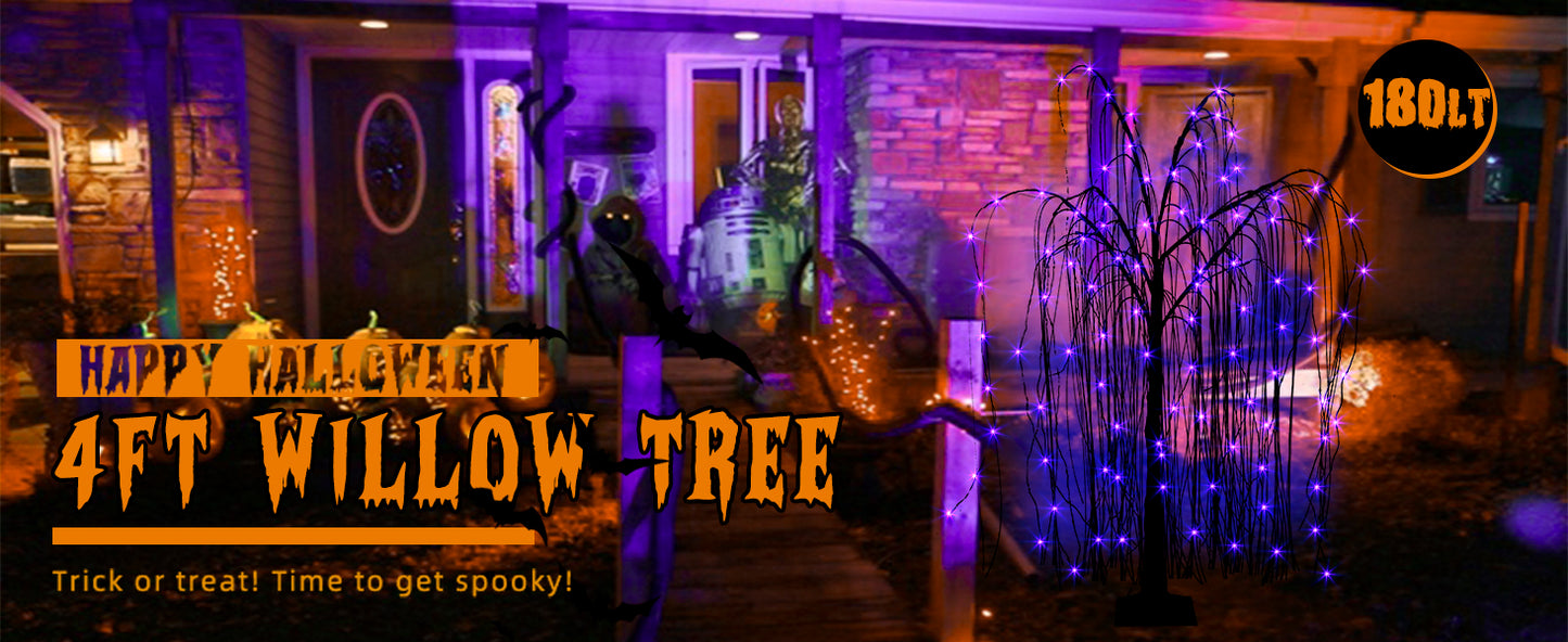 EAMBRITE Halloween Tree 4 FT 180 LED Black Willow Tree with Orange Purple Fairy Lights and Spider Web