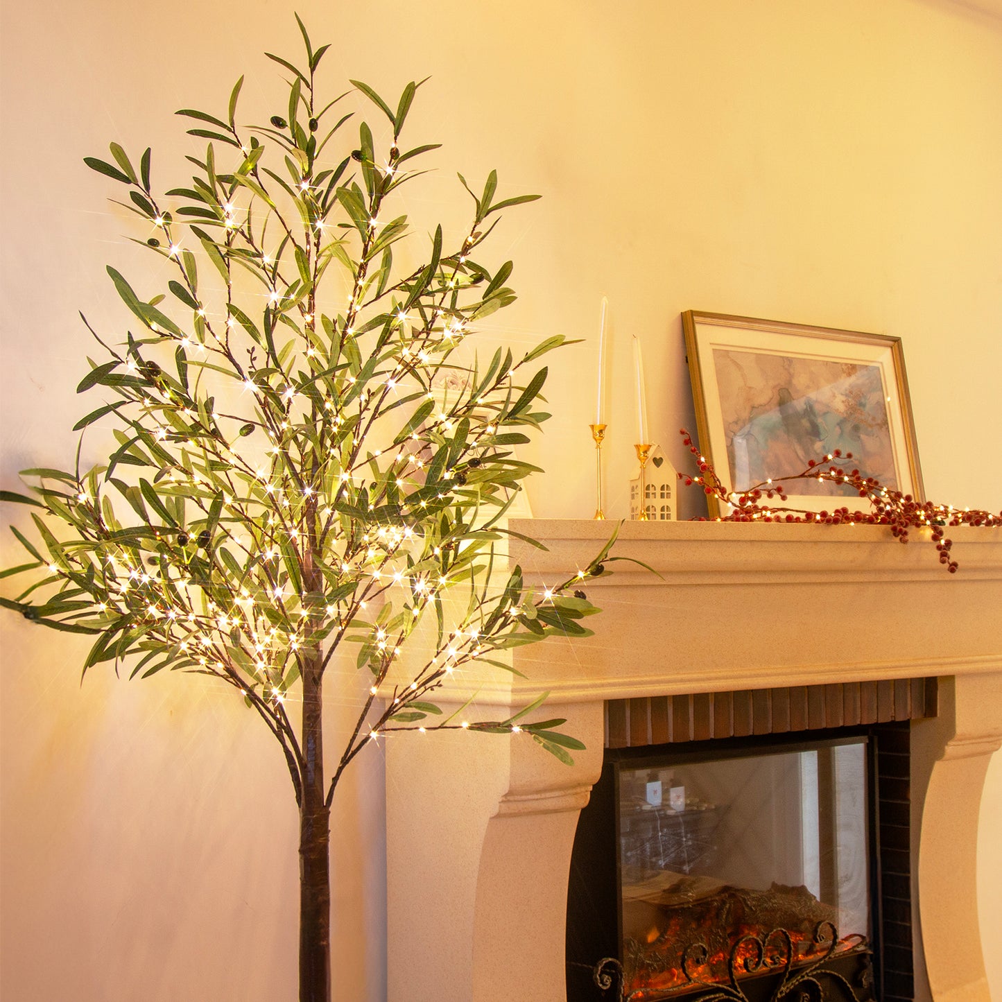 EAMBRITE Lighted Olive Tree Artificial Indoor, 6Ft Eucalyptus Tree with Fairy Lights
