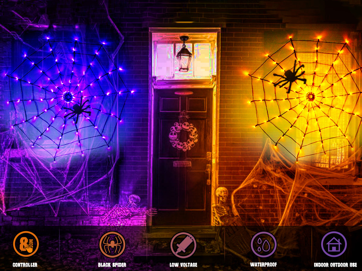 EAMBRITE Halloween Spider Web Lights with 84LED Orange/Purple Lights