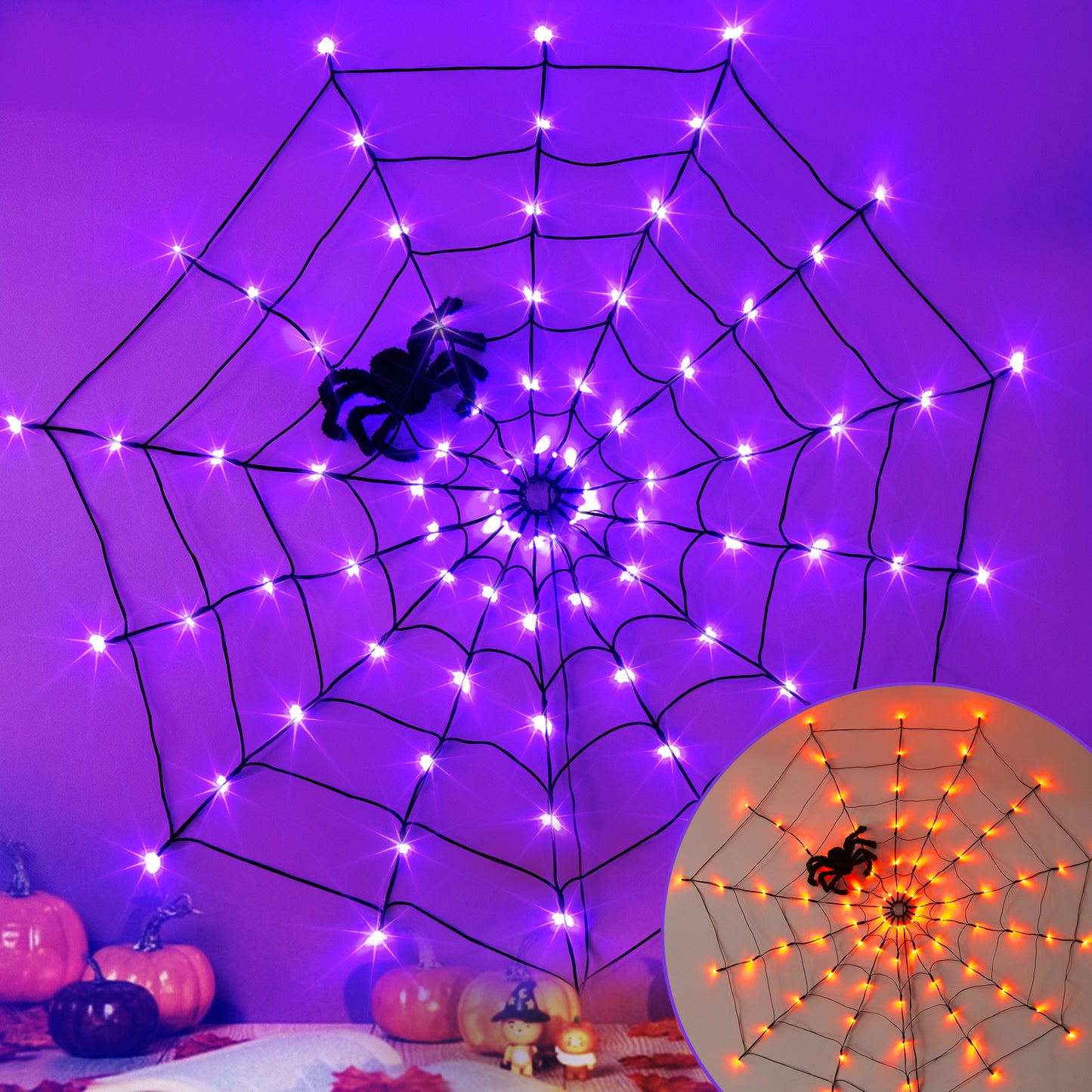 EAMBRITE Halloween Spider Web Lights with 84LED Orange/Purple Lights