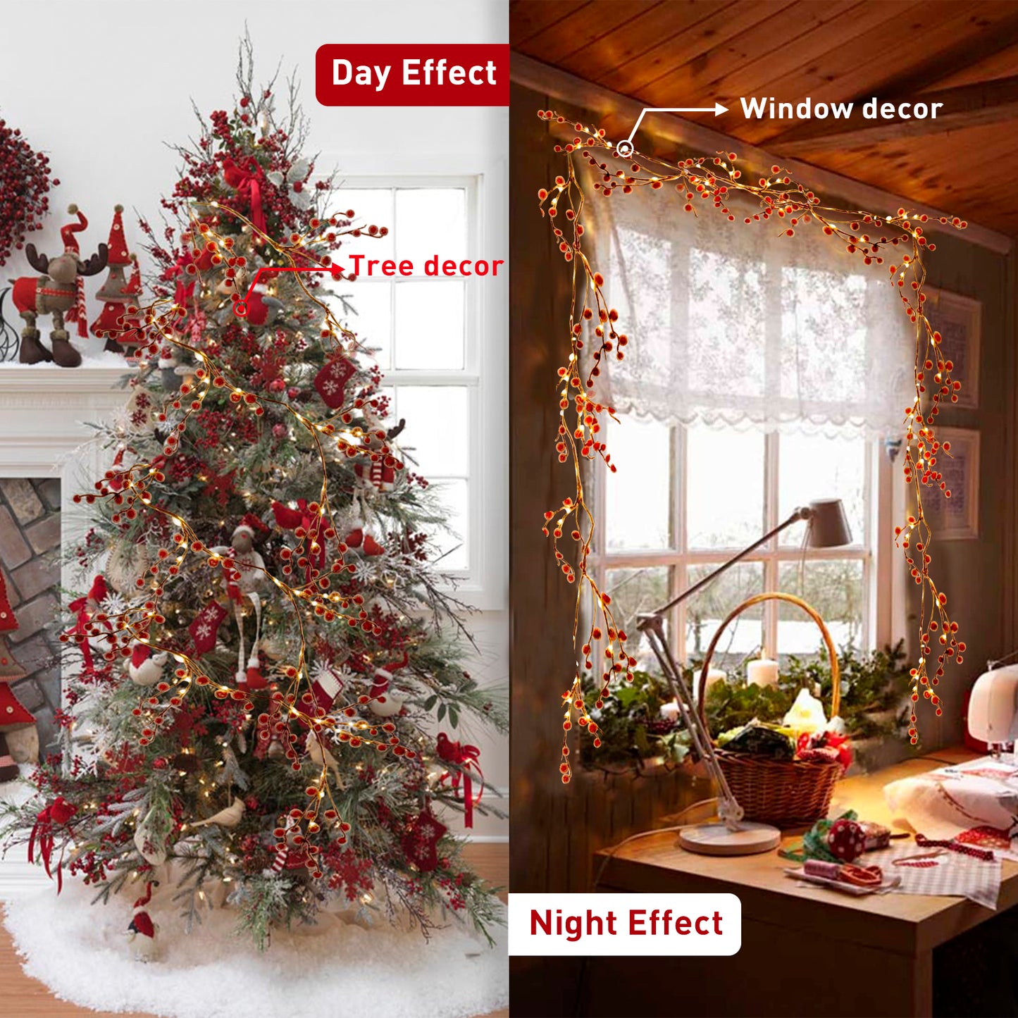 EAMBRITE Lighted Red Berry Garland, 6 FT 88 LED Christmas Garland with Warm White Lighs
