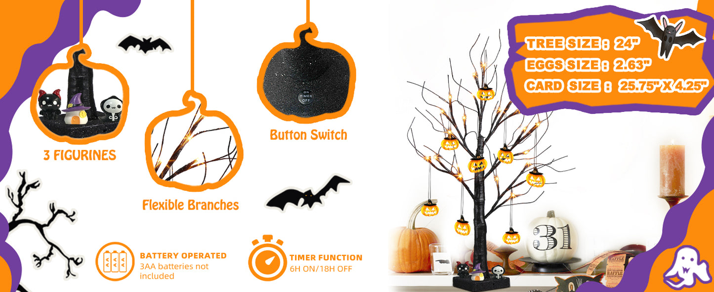 EAMBRITE Halloween Tree, 2FT Black Spooky Tree with 24 LED Orange Lights 8 Pumpkin