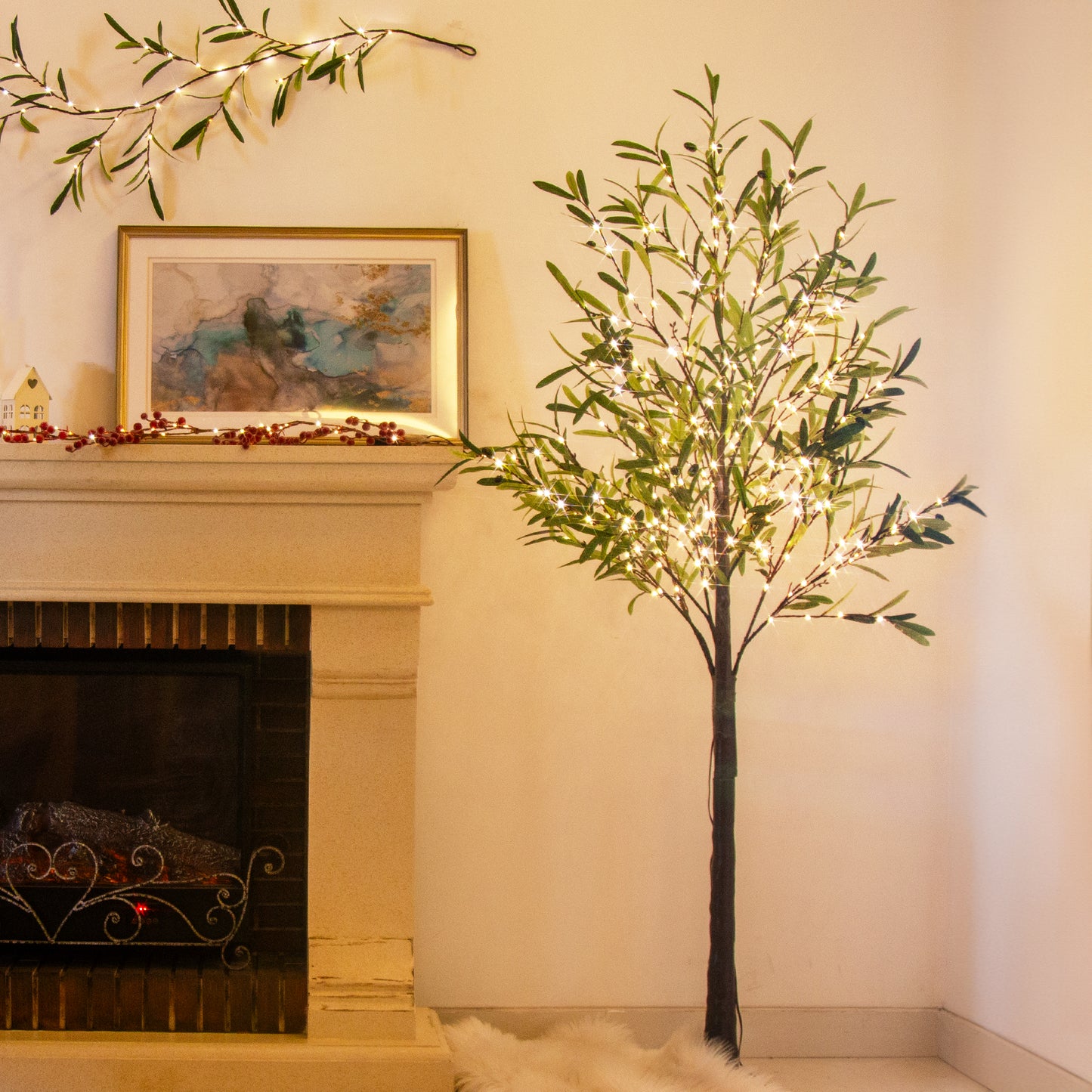 EAMBRITE Lighted Olive Tree Artificial Indoor, 6Ft Eucalyptus Tree with Fairy Lights
