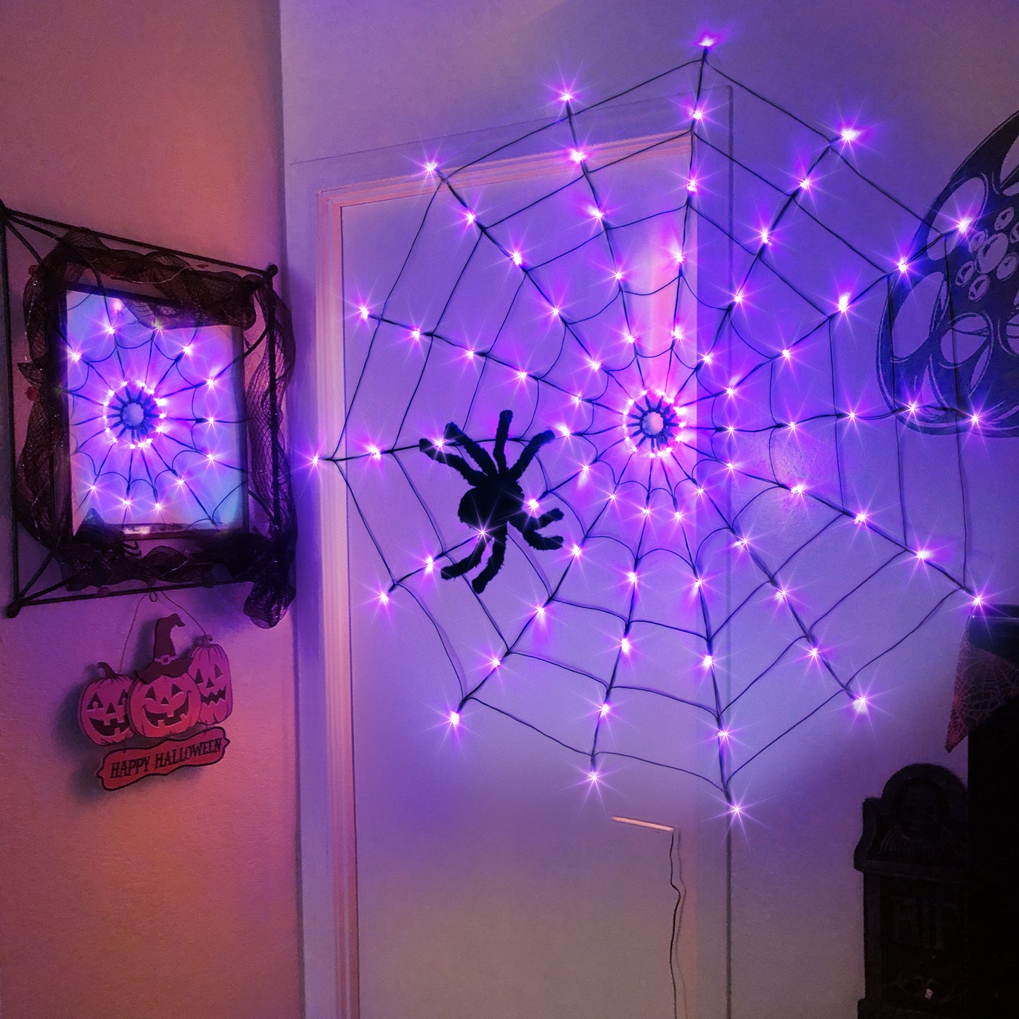 EAMBRITE Halloween Spider Web Lights with 84LED Orange/Purple Lights