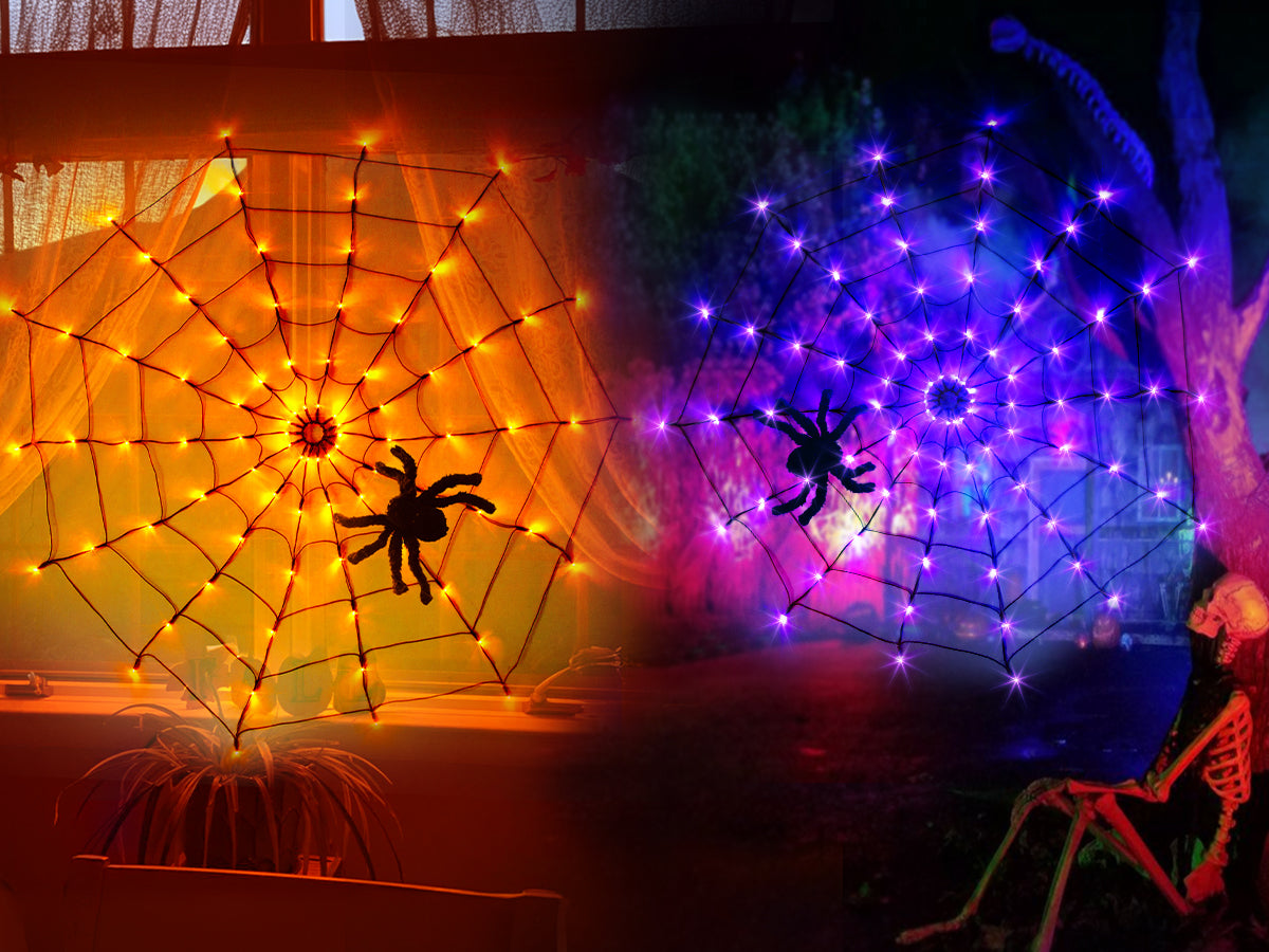 EAMBRITE Halloween Spider Web Lights with 84LED Orange/Purple Lights