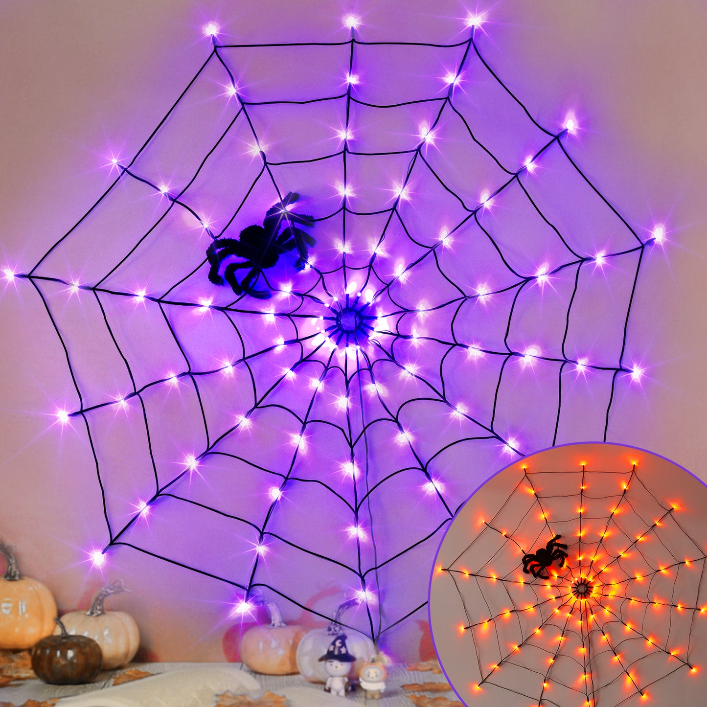 EAMBRITE Halloween Spider Web Lights with 84LED Orange/Purple Lights