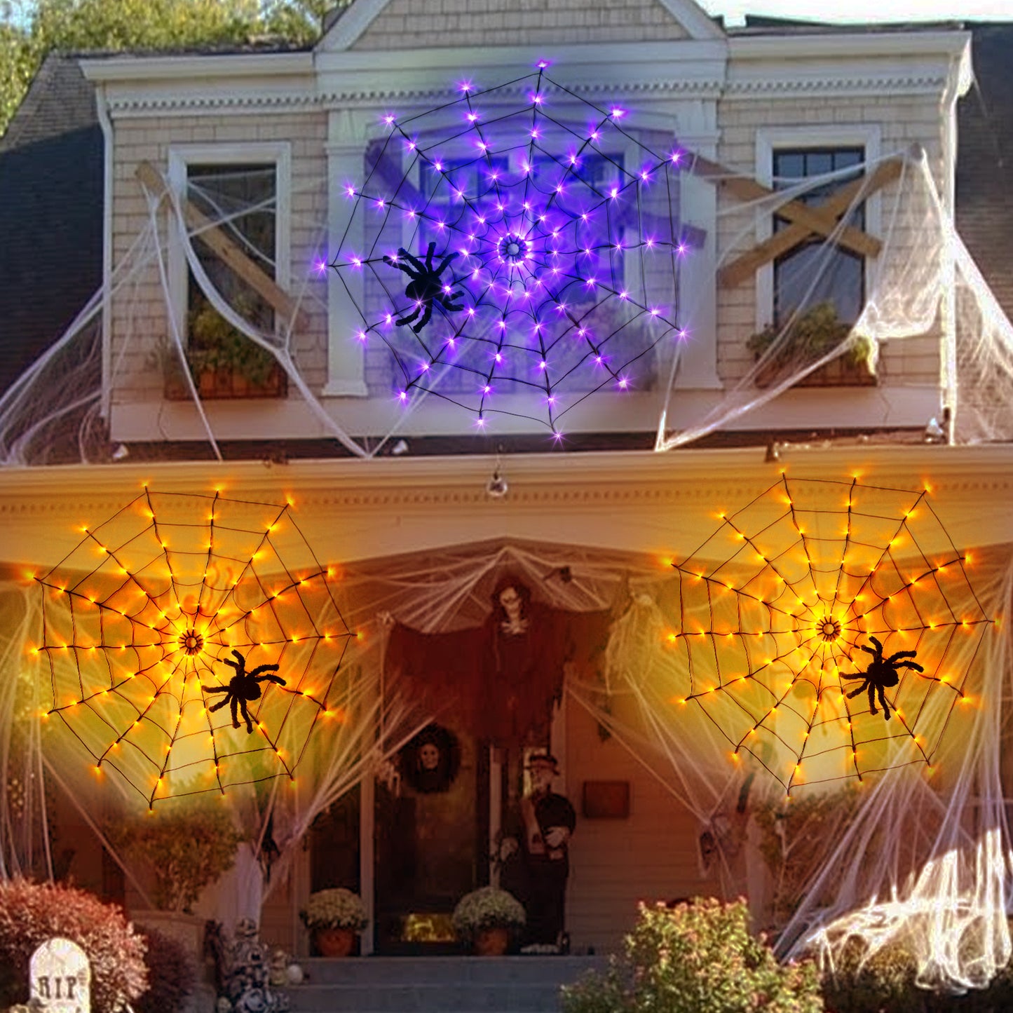 EAMBRITE Halloween Spider Web Lights with 84LED Orange/Purple Lights