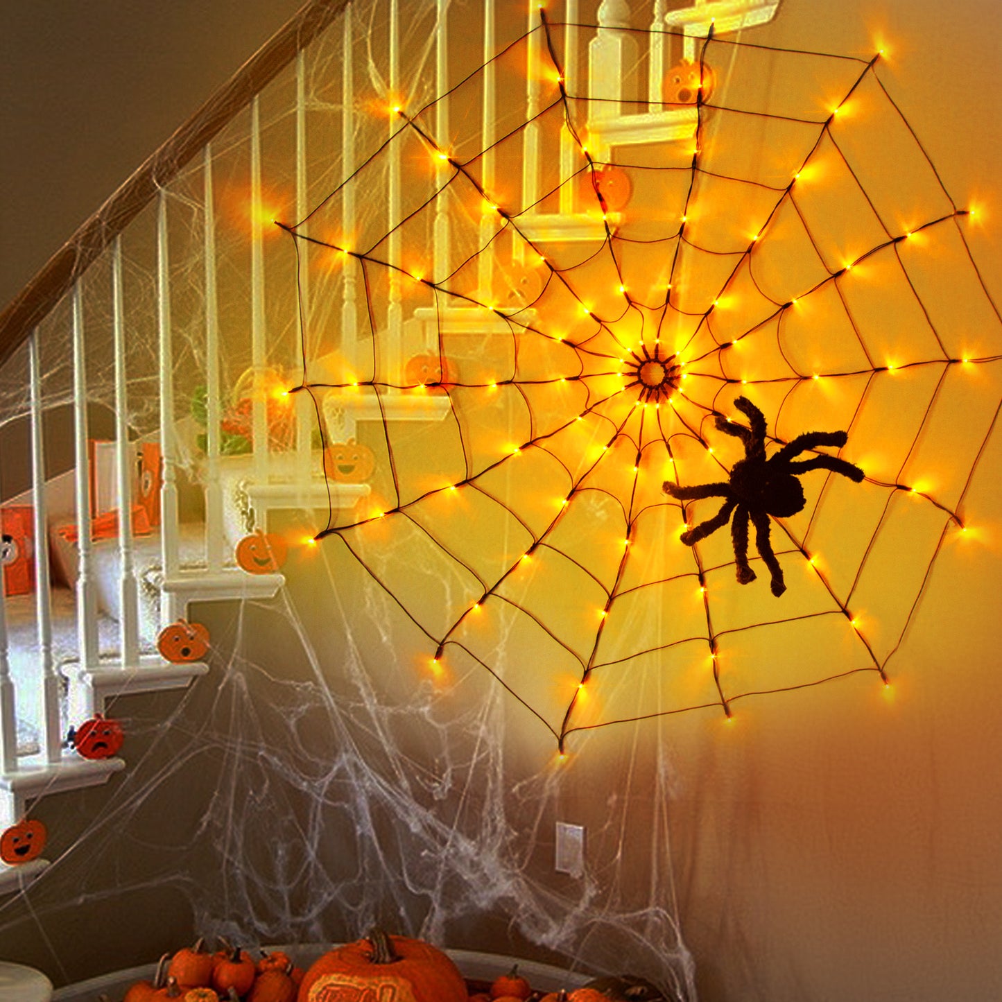 EAMBRITE Halloween Spider Web Lights with 84LED Orange/Purple Lights