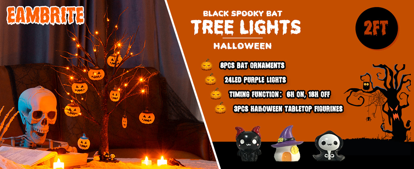 EAMBRITE Halloween Tree, 2FT Black Spooky Tree with 24 LED Orange Lights 8 Pumpkin