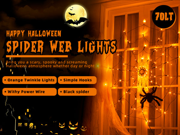 EAMBRITE Halloween Spider Web Lights with 70LED Orange Lights