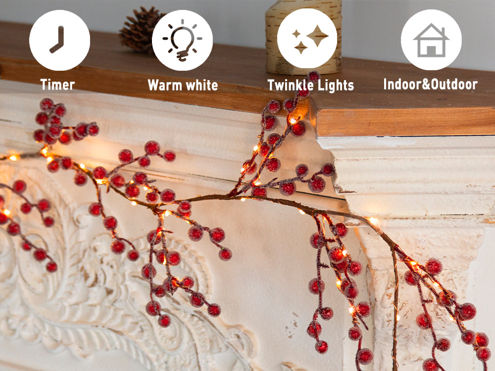 EAMBRITE Lighted Red Berry Garland, 6 FT 88 LED Christmas Garland with Warm White Lighs