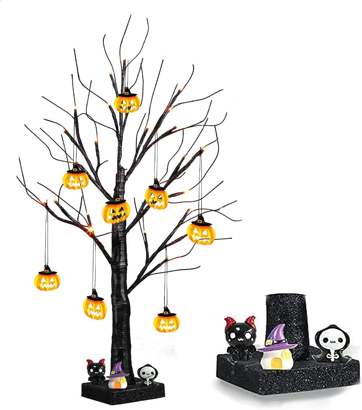 EAMBRITE Halloween Tree, 2FT Black Spooky Tree with 24 LED Orange Lights 8 Pumpkin
