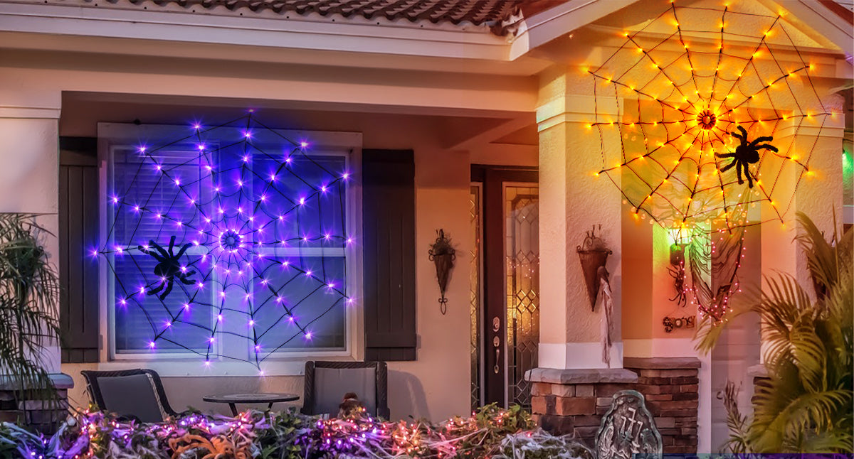 EAMBRITE Halloween Spider Web Lights with 84LED Orange/Purple Lights