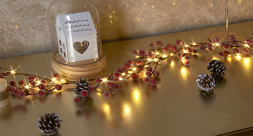 EAMBRITE Lighted Red Berry Garland, 6 FT 88 LED Christmas Garland with Warm White Lighs
