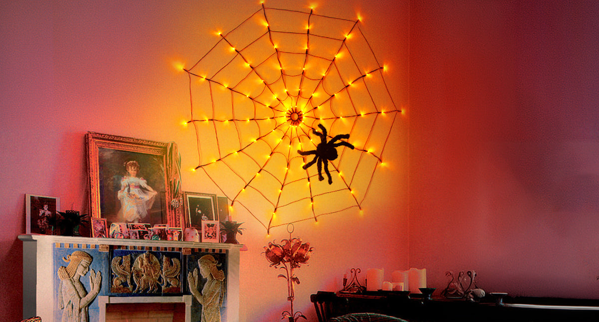 EAMBRITE Halloween Spider Web Lights with 84LED Orange/Purple Lights