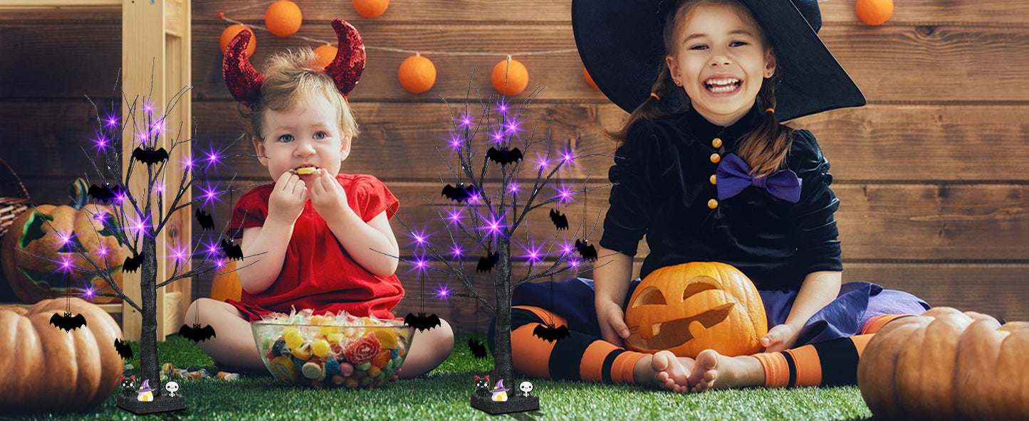EAMBRITE Halloween Tree, 2FT Black Spooky Tree with 24 LED Purple Lights and 8 Bats