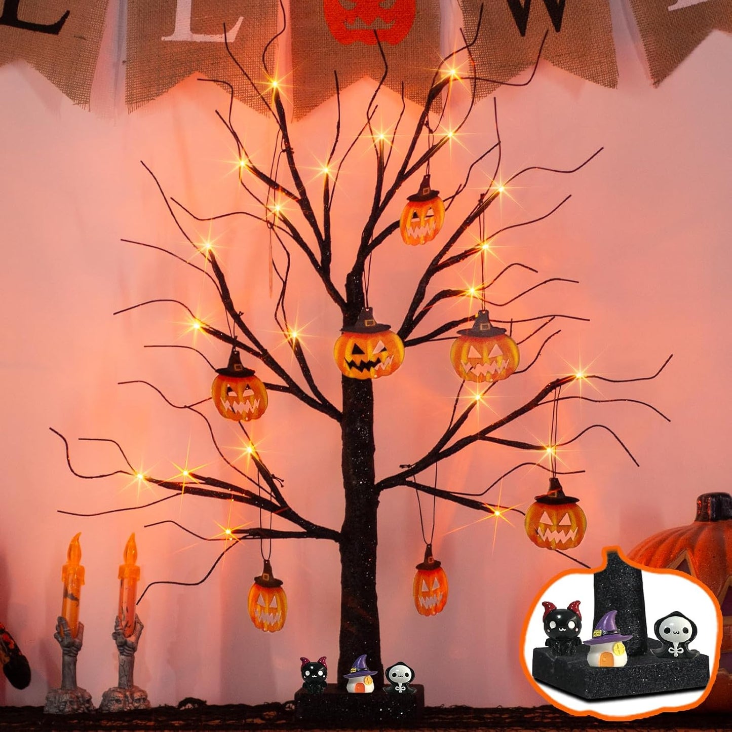 EAMBRITE Halloween Tree, 2FT Black Spooky Tree with 24 LED Orange Lights 8 Pumpkin