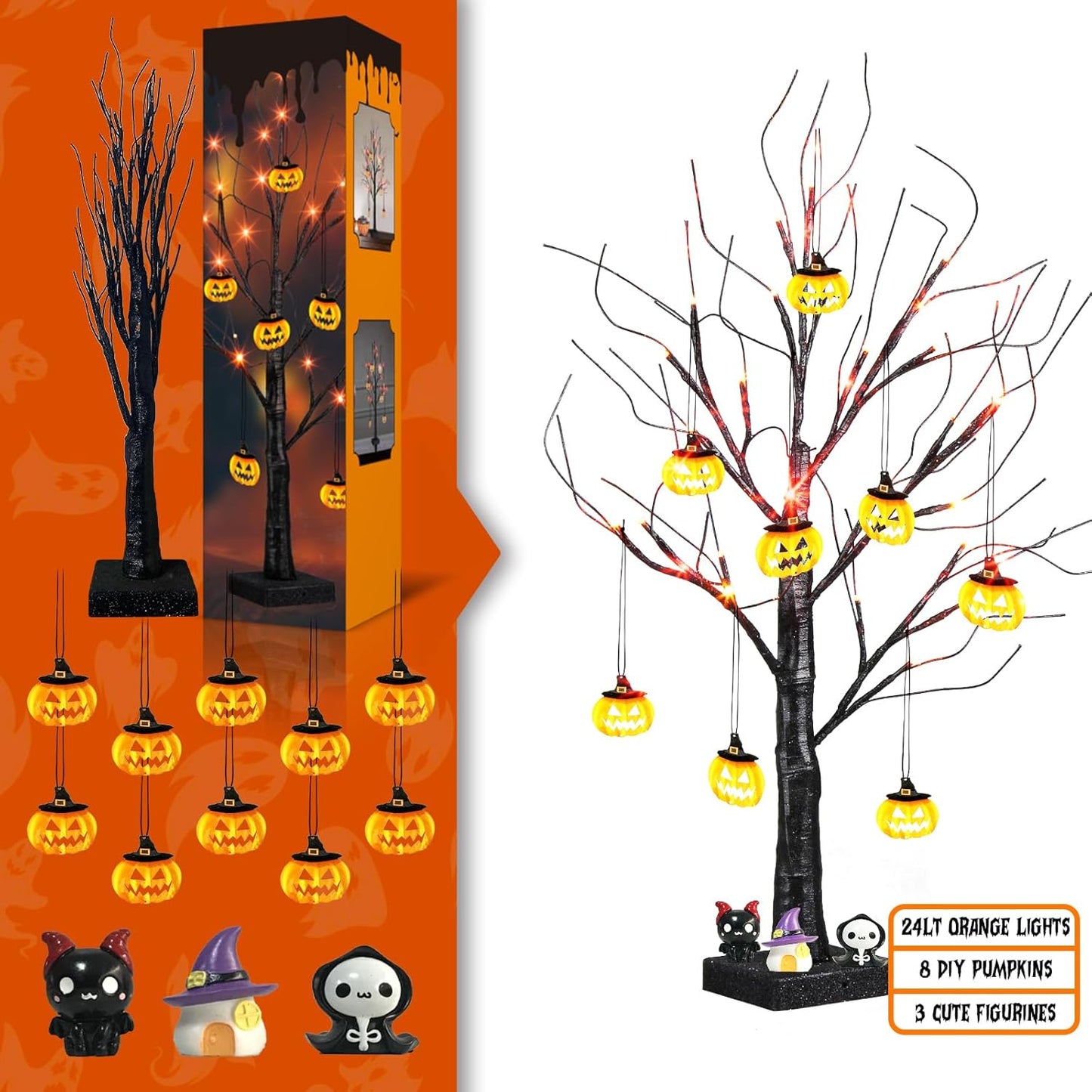 EAMBRITE Halloween Tree, 2FT Black Spooky Tree with 24 LED Orange Lights 8 Pumpkin