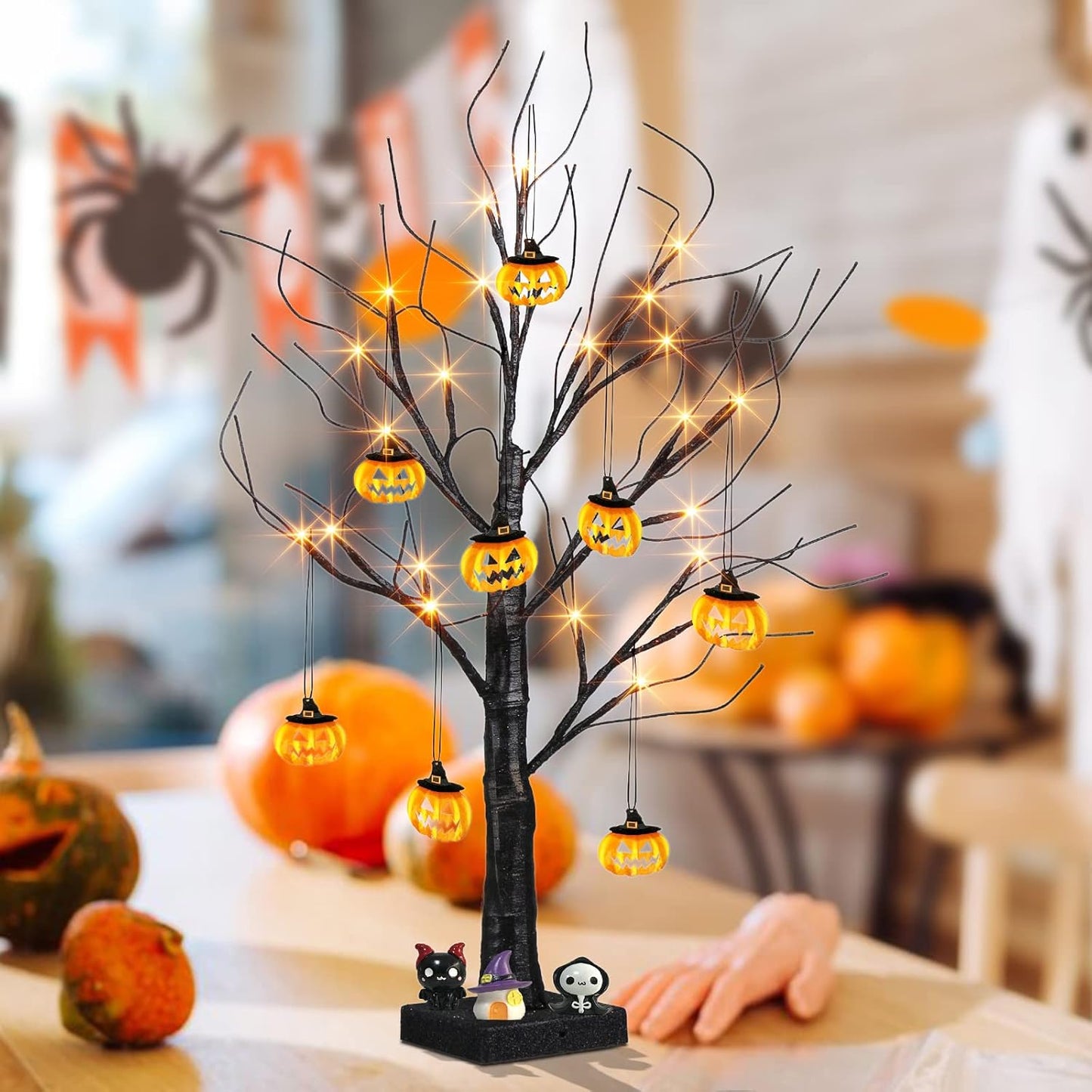 EAMBRITE Halloween Tree, 2FT Black Spooky Tree with 24 LED Orange Lights 8 Pumpkin