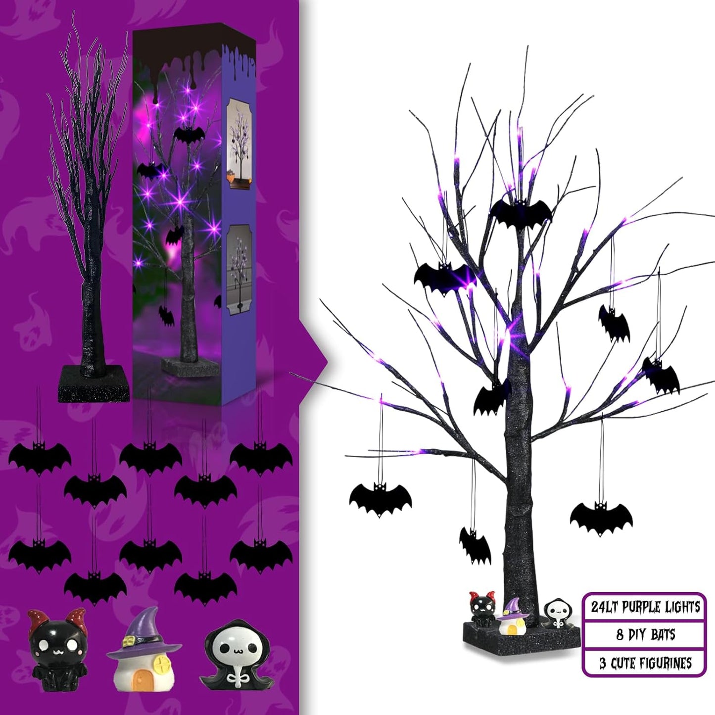 EAMBRITE Halloween Tree, 2FT Black Spooky Tree with 24 LED Purple Lights and 8 Bats