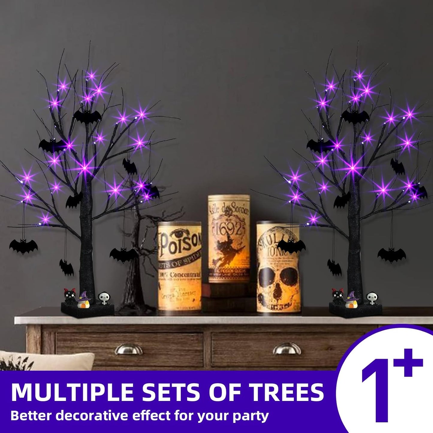 EAMBRITE Halloween Tree, 2FT Black Spooky Tree with 24 LED Purple Lights and 8 Bats