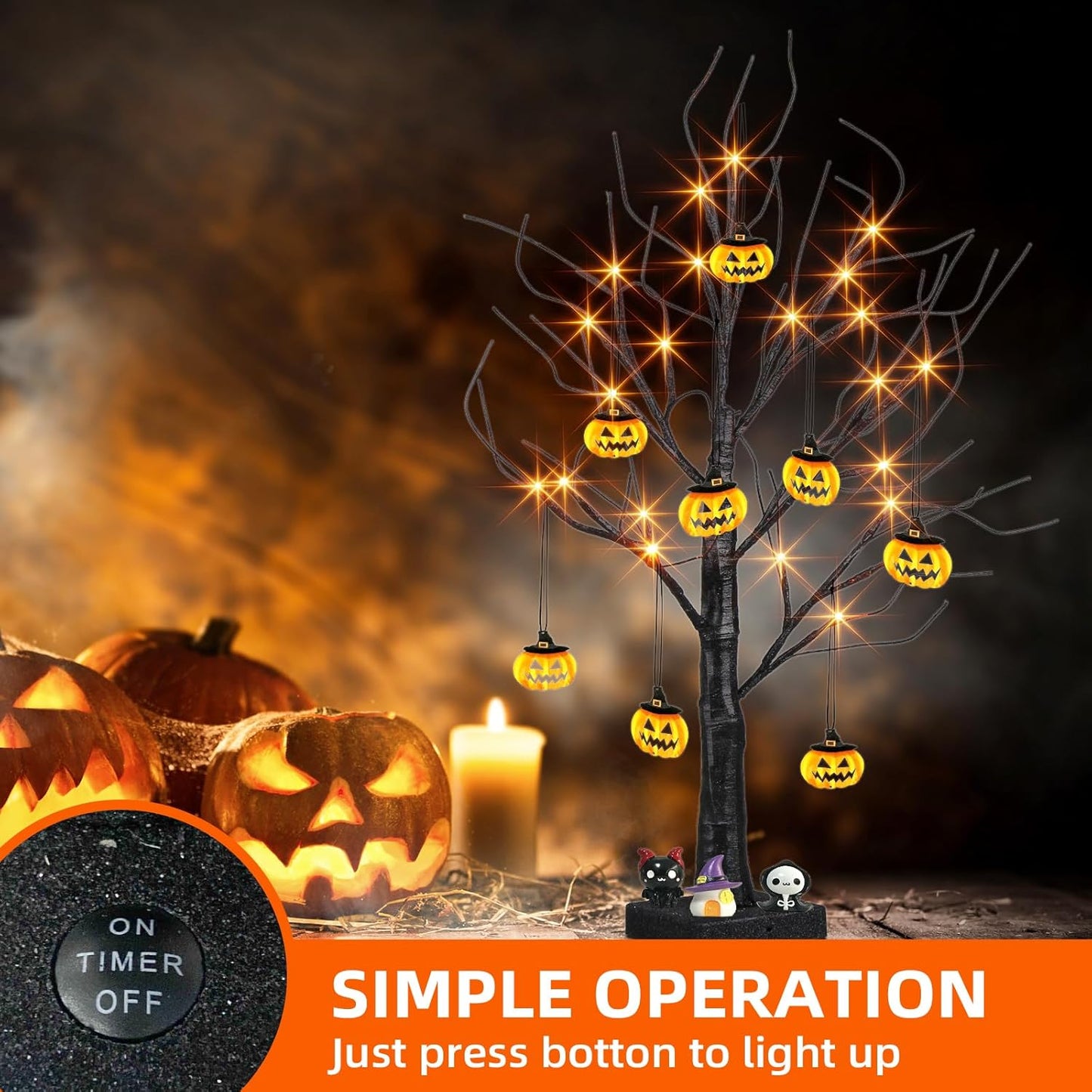 EAMBRITE Halloween Tree, 2FT Black Spooky Tree with 24 LED Orange Lights 8 Pumpkin