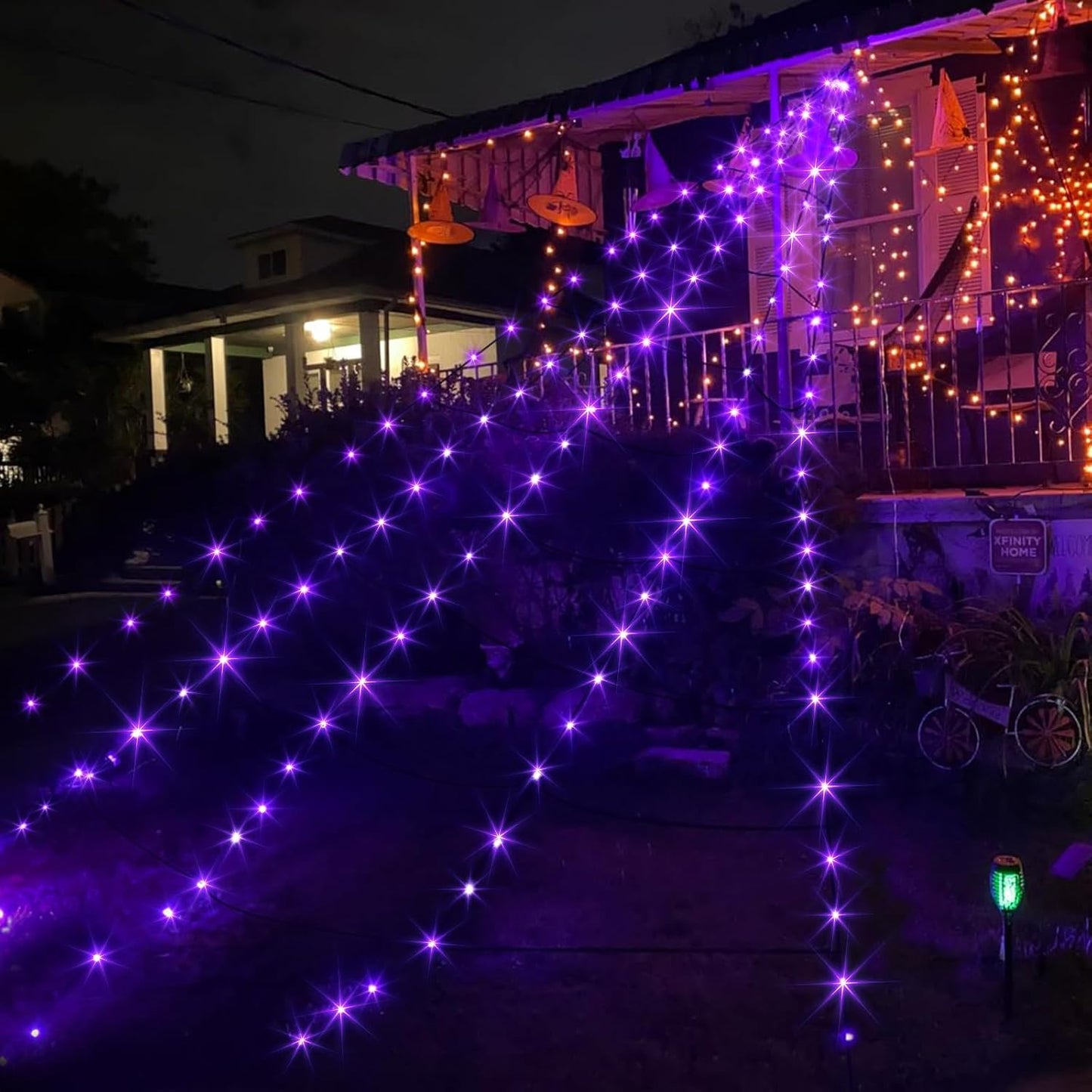 EAMBRITE Halloween Decorations Outdoor Giant Spider Web Lights with 135 LED Purple & Orange Lights