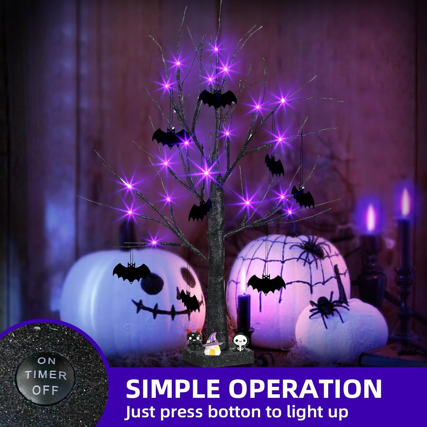 EAMBRITE Halloween Tree, 2FT Black Spooky Tree with 24 LED Purple Lights and 8 Bats