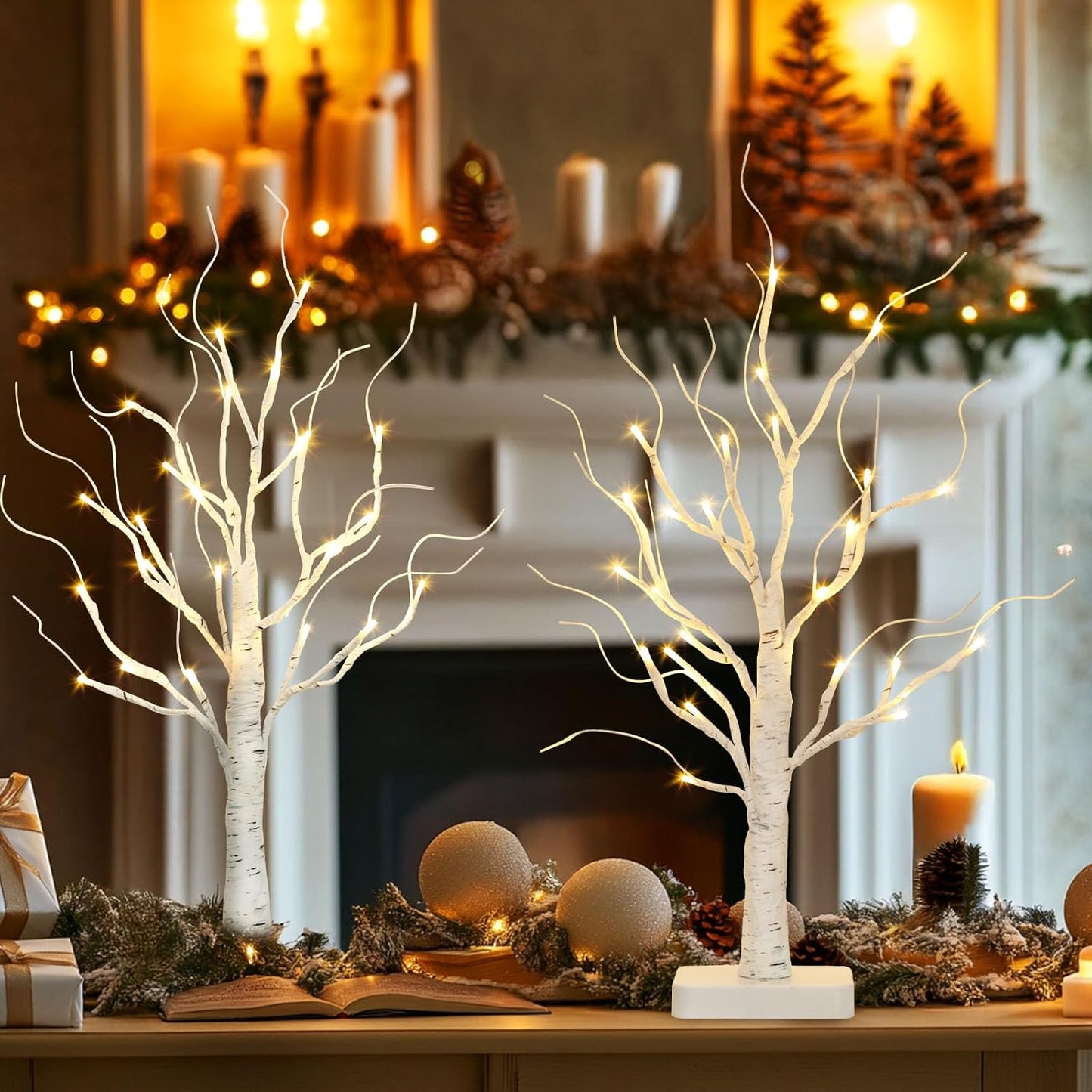 EAMBRITE Birch Tree with Led Lights, White Christmas Decorations Indoor Lighted Mini Small Artificial Tree Lamp