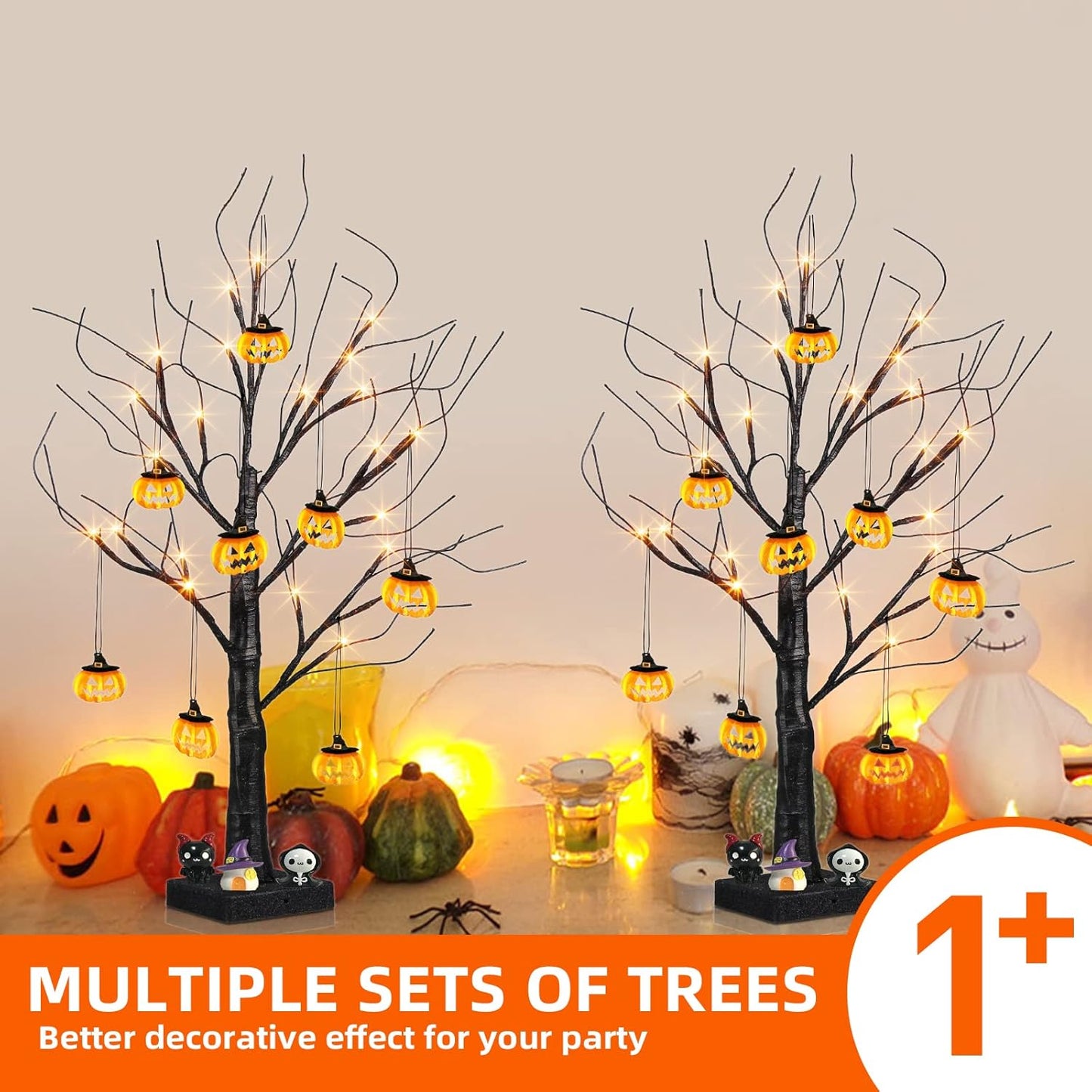 EAMBRITE Halloween Tree, 2FT Black Spooky Tree with 24 LED Orange Lights 8 Pumpkin