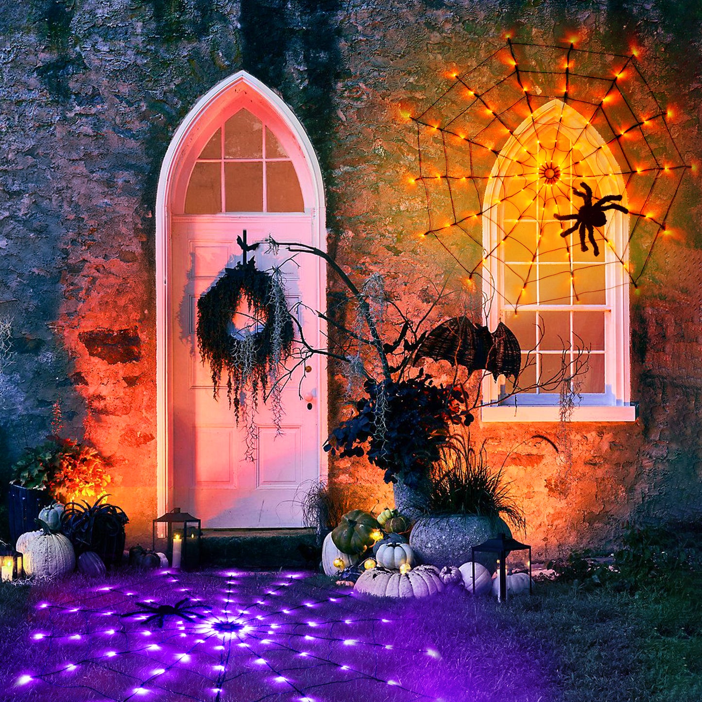 EAMBRITE Halloween Spider Web Lights with 84LED Orange/Purple Lights
