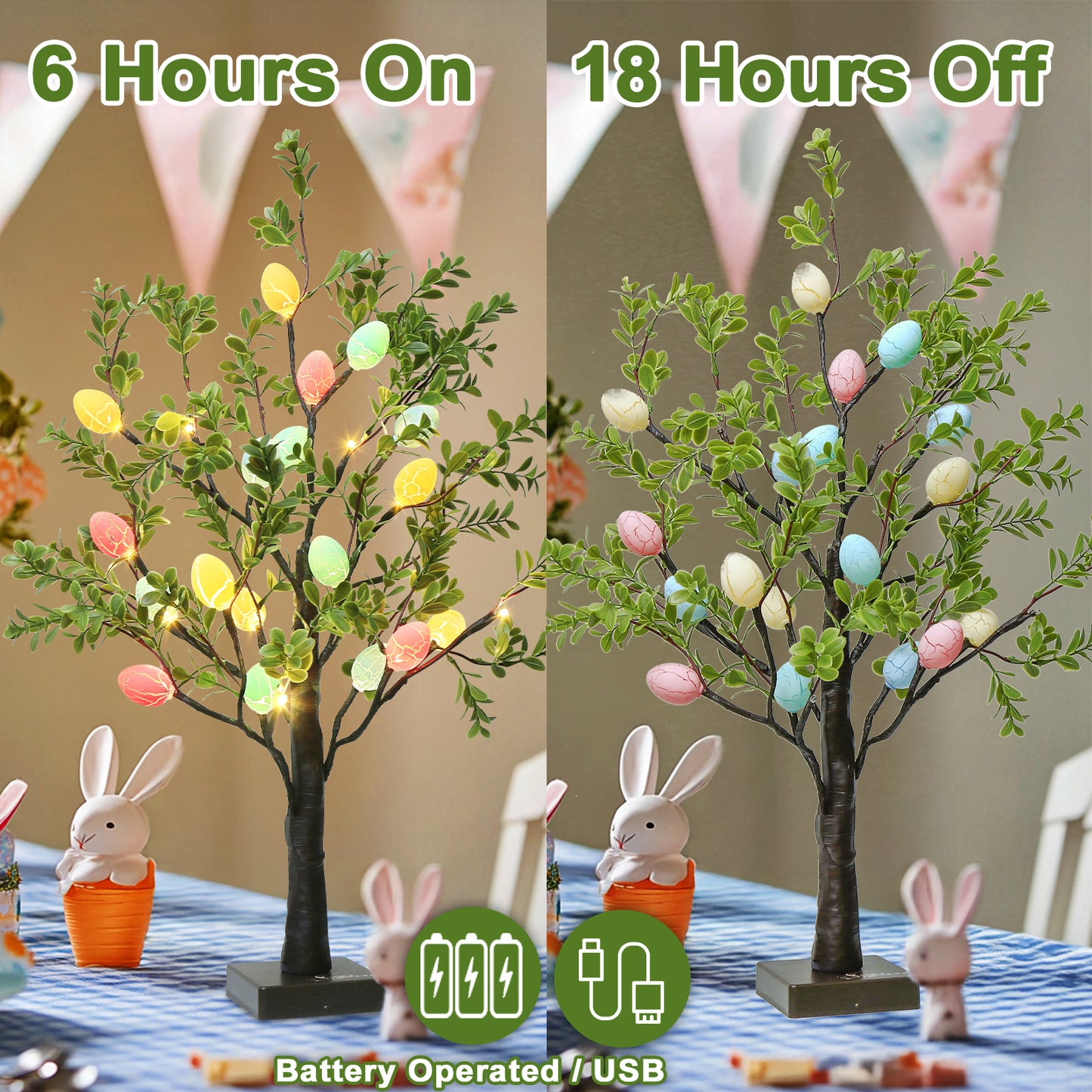 EAMBRITE Easter Decorations Easter Tree with Eggs, 2Ft Tabletop Tree with 24 LED Lights