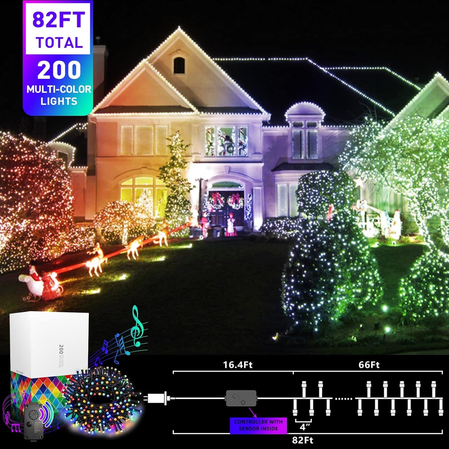 EAMBRITE Christmas Lights Outdoor 82Ft 200LT Christmas Lights with Cheerful Music(Multi-Color)