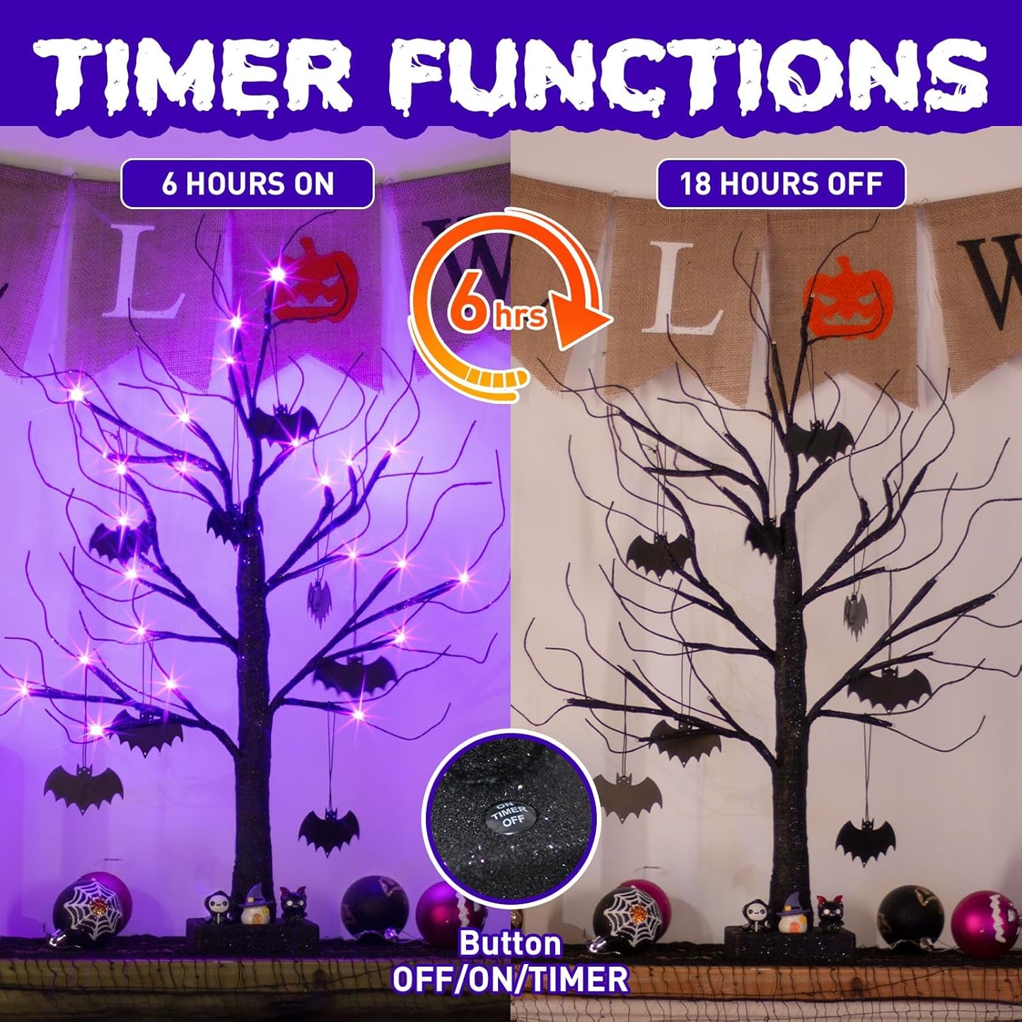 EAMBRITE Halloween Tree, 2FT Black Spooky Tree with 24 LED Purple Lights and 8 Bats