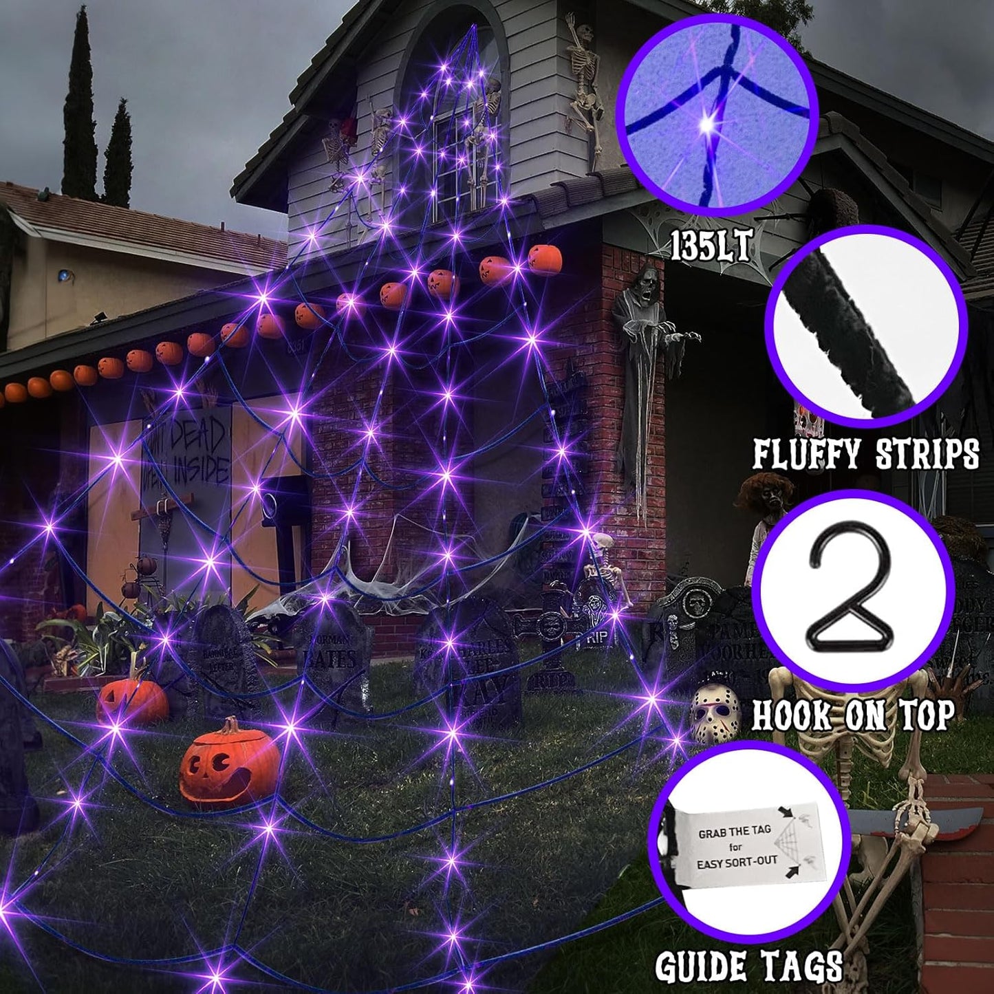 EAMBRITE Halloween Decorations Outdoor Giant Spider Web Lights with 135 LED Purple & Orange Lights