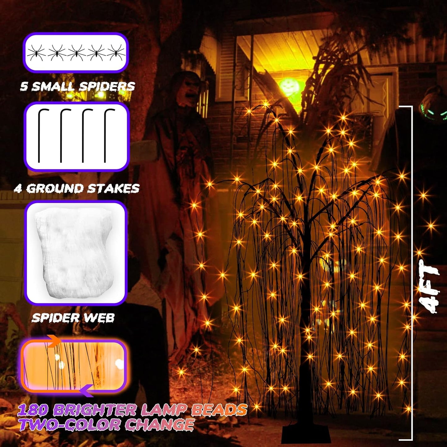 EAMBRITE Halloween Tree 4 FT 180 LED Black Willow Tree with Orange Purple Fairy Lights and Spider Web