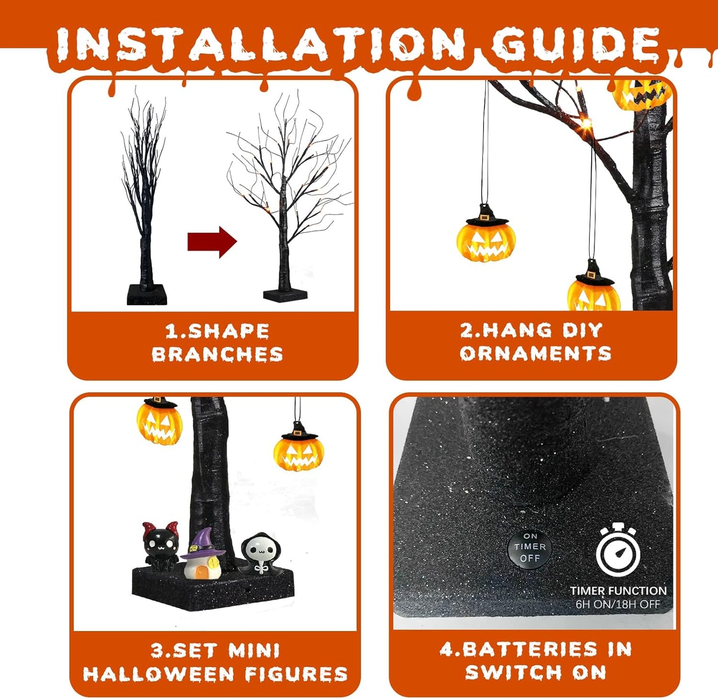 EAMBRITE Halloween Tree, 2FT Black Spooky Tree with 24 LED Orange Lights 8 Pumpkin