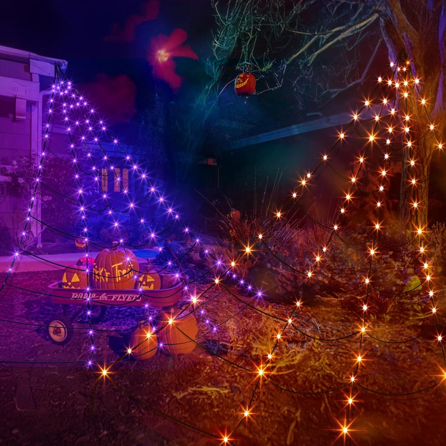 EAMBRITE Halloween Decorations Outdoor Giant Spider Web Lights with 135 LED Purple & Orange Lights